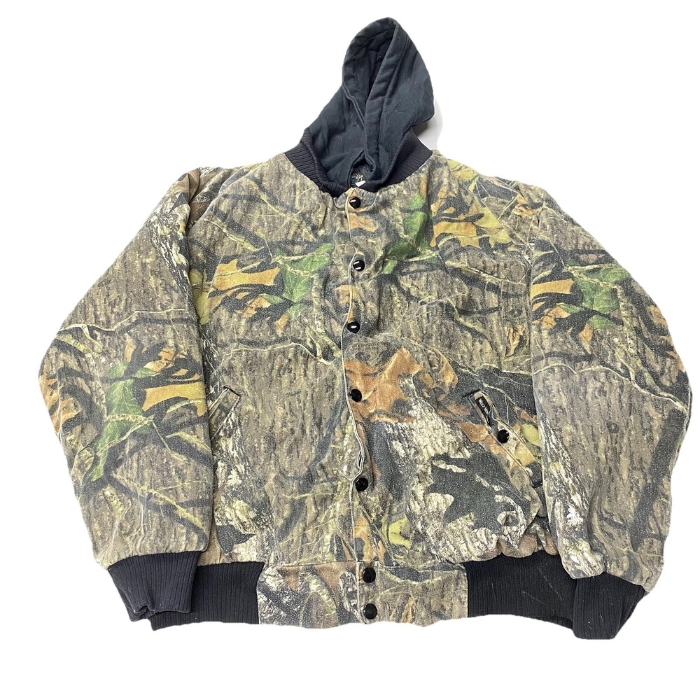 VTG Wolf Mountain Hunting Wear Camo Jacket Men L Full Zip Hooded Woods Y2K Read
